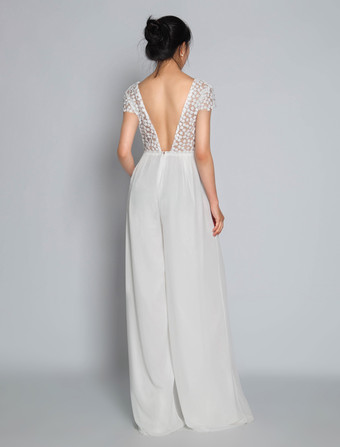 アイボリーブライダルジャンプスーツ シフォンレース フロアレングス Aライン ジュエルネック 半袖 ブライダルジャンプスーツ 無料カスタマイズ