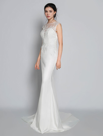 ホワイトのシンプルなマーメイドウェディングドレス シフォン イリュージョン ネックライン ノースリーブ コートトレイン アップリケ シース ブライダル ガウン 無料カスタマイズ