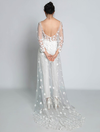 ホワイトのシンプルなウェディングジャンプスーツ ジュエルネック 長袖 レース Aライン ブライダルジャンプスーツ 無料カスタマイズ