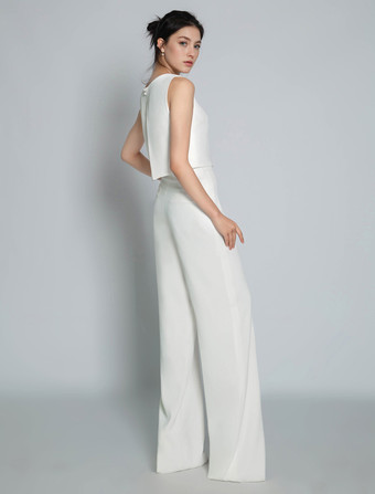 ホワイトアイボリーブライダルツーピースセットフロアレングスAラインジュエルネックノースリーブウェディングツーピースセット無料カスタマイズ