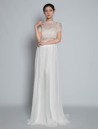 アイボリー ツーピース ウェディングドレス レース ジュエルネック Aライン トレーン付き 半袖 ブライダルドレス