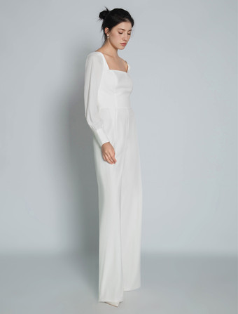 アイボリー ブライダル ジャンプスーツ マキシレングス Aライン スクエアネック 長袖 ウェディング衣装 自由なカスタマイズ