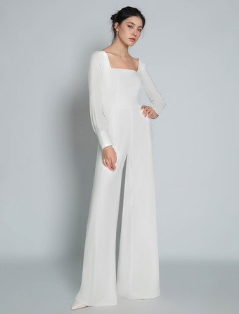 アイボリーアイボリー ブライダル ジャンプスーツ マキシレングス Aライン スクエアネック 長袖 ウェディング衣装 自由なカスタマイズ
