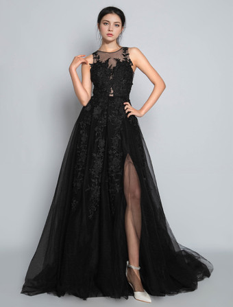 ブラックロイヤルウェディングドレスレースAラインノースリーブアップリケチャペルトレインブライダルドレス無料ベールと手袋無料カスタマイズ