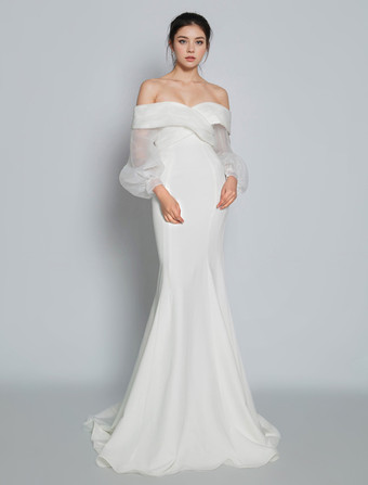 シンプルなウェディングドレスマーメイドVネックロングスリーブプリーツブライダルドレス