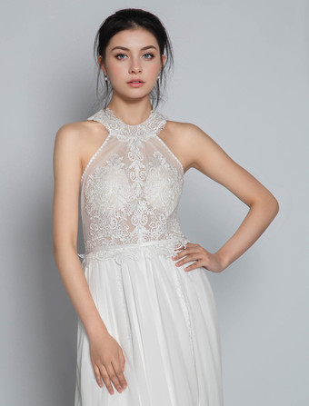 Boho Brautkleid Hippie-Braut elfenbeinfarbe Illusion Ausschnitt Chiffon ärmellos Boho Vintage Brautkleid