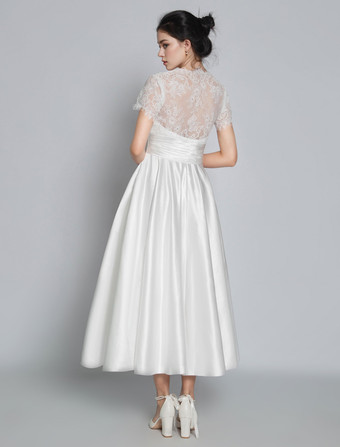 ショートウェディングドレス 2025年 Vネック 半袖 Aライン マキシレングス ブライダルドレス 自由なカスタマイズ