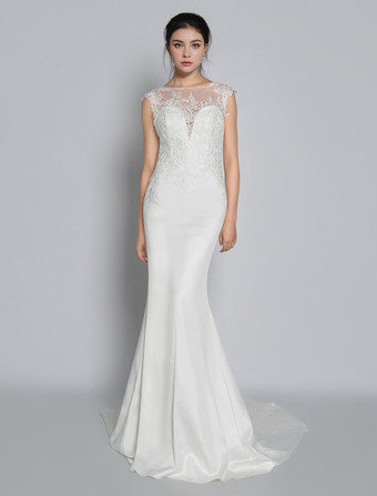 ホワイトホワイトのシンプルなマーメイドウェディングドレス シフォン イリュージョン ネックライン ノースリーブ コートトレイン アップリケ シース ブライダル ガウン 無料カスタマイズ