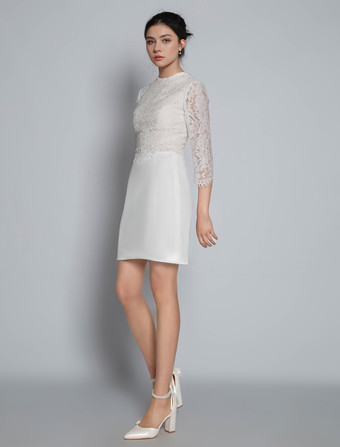 ホワイトエンゲージメントドレスジュエルネックハーフスリーブジッパーナチュラルウエストショートレースエンゲージメントドレス
