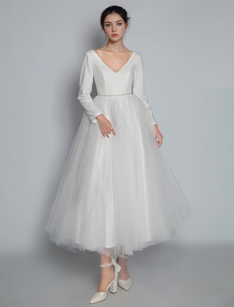 ショート ウェディングドレス 2025年 Vネック 長袖 Aライン マキシレングス ブライダルドレス 自由なカスタマイズ