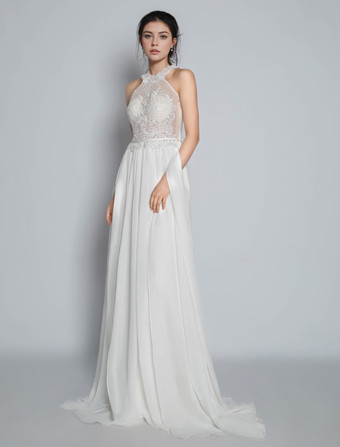 Boho Brautkleid Hippie-Braut elfenbeinfarbe Illusion Ausschnitt Chiffon ärmellos Boho Vintage Brautkleid