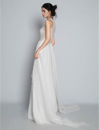 Boho Brautkleid Hippie-Braut elfenbeinfarbe Illusion Ausschnitt Chiffon ärmellos Boho Vintage Brautkleid