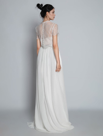 アイボリー ツーピース ウェディングドレス レース ジュエルネック Aライン トレーン付き 半袖 ブライダルドレス