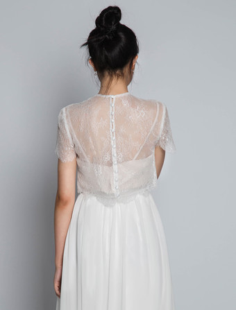 アイボリー ツーピース ウェディングドレス レース ジュエルネック Aライン トレーン付き 半袖 ブライダルドレス