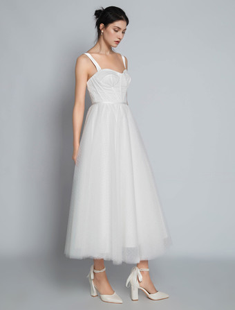 ホワイト ブライダル ショートドレス Aライン スイートハート パール スパゲッティストラップ ティーレングス ドレス 自由なカスタマイズ