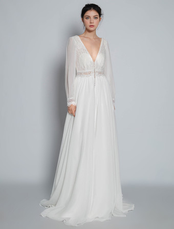 ベージュ ボヘミアン ウェディングドレス レース Aライン トレーン付き レイズドウエスト バックレス 長袖 Vネック ブライダルドレス 自由なカスタマイズ