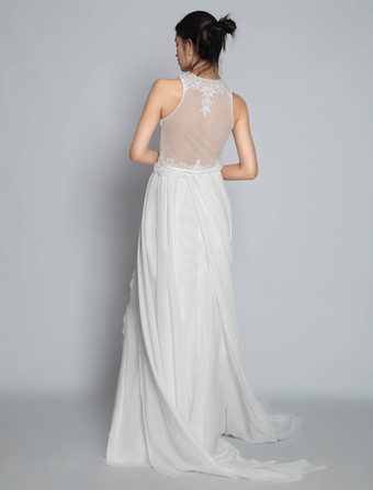 Boho Brautkleid Hippie-Braut elfenbeinfarbe Illusion Ausschnitt Chiffon ärmellos Boho Vintage Brautkleid