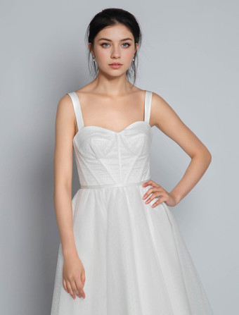 ホワイト ブライダル ショートドレス Aライン スイートハート パール スパゲッティストラップ ティーレングス ドレス 自由なカスタマイズ