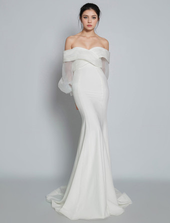 アイボリーシンプルなウェディングドレスマーメイドVネックロングスリーブプリーツブライダルドレス