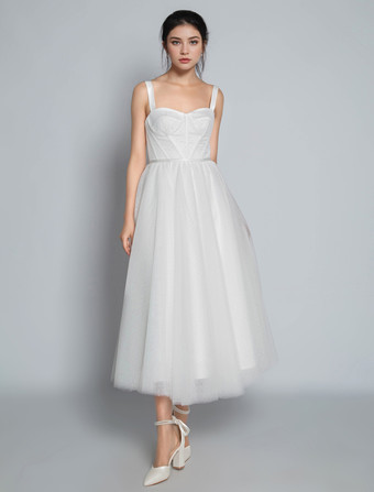 ホワイトホワイト ブライダル ショートドレス Aライン スイートハート パール スパゲッティストラップ ティーレングス ドレス 自由なカスタマイズ