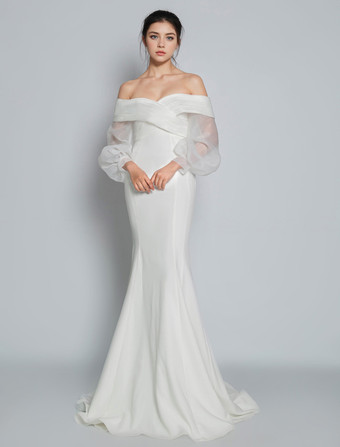 シンプルなウェディングドレスマーメイドVネックロングスリーブプリーツブライダルドレス