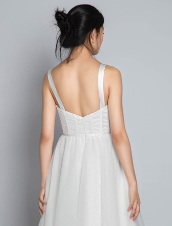 ホワイト ブライダル ショートドレス Aライン スイートハート パール スパゲッティストラップ ティーレングス ドレス 自由なカスタマイズ