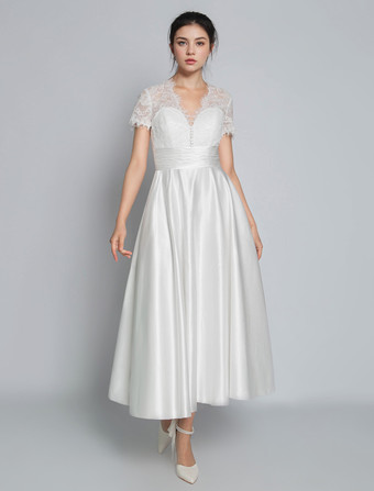 ショートウェディングドレス 2025年 Vネック 半袖 Aライン マキシレングス ブライダルドレス 自由なカスタマイズ