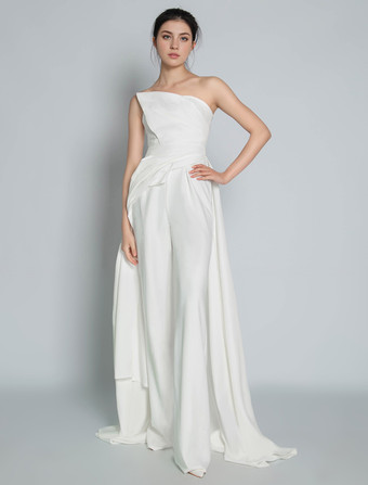 アイボリーブライダルジャンプスーツ 2025 フロアレングス Aライン ストラップレス ノースリーブ ウェディングジャンプスーツ 無料カスタマイズ