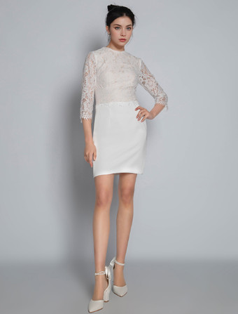 ホワイトエンゲージメントドレスジュエルネックハーフスリーブジッパーナチュラルウエストショートレースエンゲージメントドレス