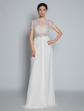 アイボリー ツーピース ウェディングドレス レース ジュエルネック Aライン トレーン付き 半袖 ブライダルドレス