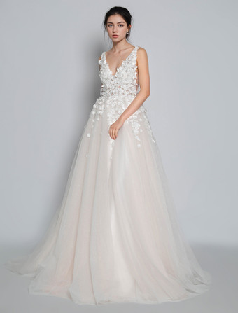 アイボリーウェディングドレス 2025 チュール 深いvネック Aライン ノースリーブ 多層 チュール レースアップリケ クラシックブライダルガウントレーン付き