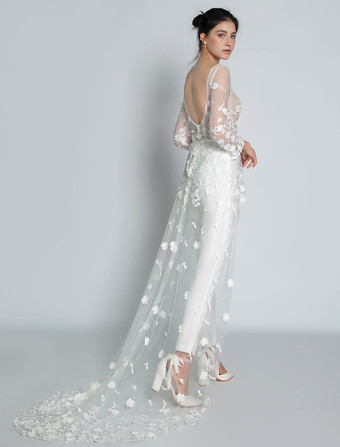 ホワイトのシンプルなウェディングジャンプスーツ ジュエルネック 長袖 レース Aライン ブライダルジャンプスーツ 無料カスタマイズ