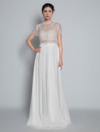 ホワイトアイボリー ツーピース ウェディングドレス レース ジュエルネック Aライン トレーン付き 半袖 ブライダルドレス