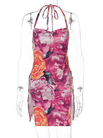 サマードレス 花柄ホルターネック スリットリングディテール セクシー クラブ ナイト アウト ミニドレス