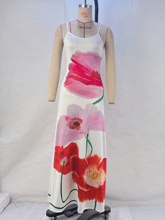 夏用カジュアルドレス 花柄ストラップネック バックレス ロングビーチドレス