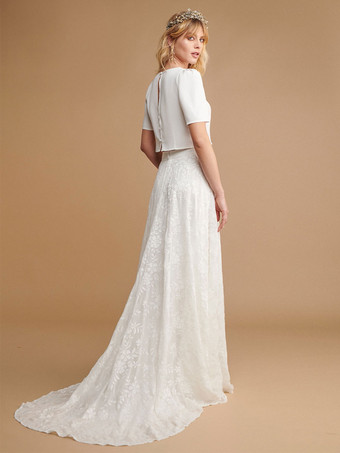 アイボリー ツーピース ウェディングドレスセット レース ジュエルネック 機能的なボタン 半袖 Aライン トレーン付き ブライダルドレス 自由なカスタマイズ