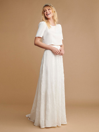 アイボリー ツーピース ウェディングドレスセット レース ジュエルネック 機能的なボタン 半袖 Aライン トレーン付き ブライダルドレス 自由なカスタマイズ