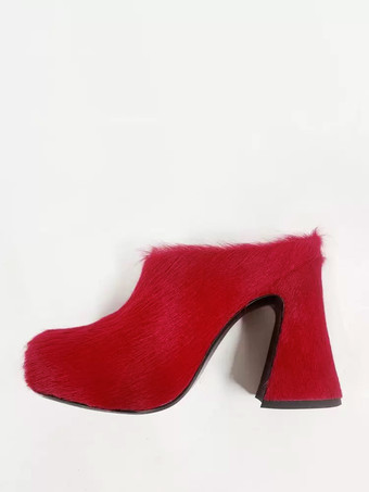 Red Women's Black Mules Horse Hair Puppy Heel Mule Shoes