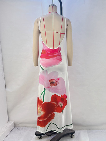 夏用カジュアルドレス 花柄ストラップネック バックレス ロングビーチドレス