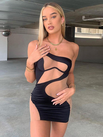 センシュアルなボディコンドレス ワンショルダー イリュージョン クラブ ナイトアウト ミニドレス