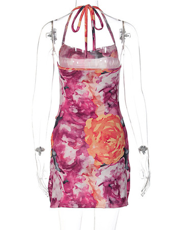 サマードレス 花柄ホルターネック スリットリングディテール セクシー クラブ ナイト アウト ミニドレス