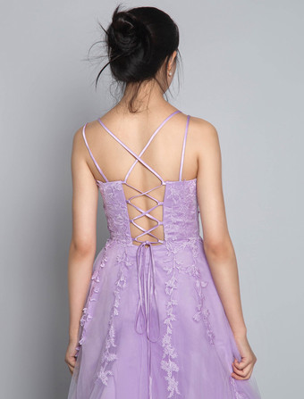 プロムドレスラベンダー A ライン V ネック ノースリーブ レースアップ バックレス クロス ロング レース パーティー ドレス 結婚式のゲストドレス 無料カスタマイズ