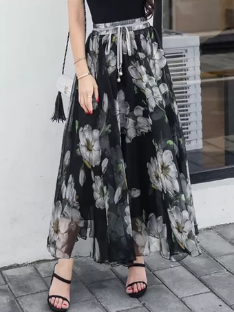 ブラック 花柄フルスカート ハイウエスト 春 夏 秋 カジュアルスカート