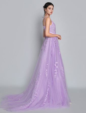 プロムドレスラベンダー A ライン V ネック ノースリーブ レースアップ バックレス クロス ロング レース パーティー ドレス 結婚式のゲストドレス 無料カスタマイズ