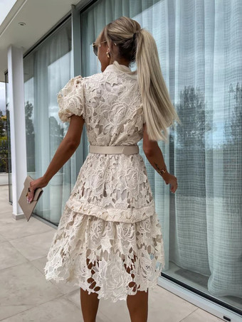 シャツドレス レースオーバーレイ ベルト付き パフスリーブ ショート カジュアル サマードレス