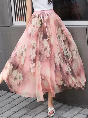ピンク花柄フルスカート ハイウエスト 春 夏 秋 カジュアルスカート