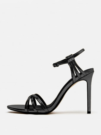 ブラック ゴールドヒールサンダル オープントゥ ストラップ アンクルストラップ パーティーシューズ