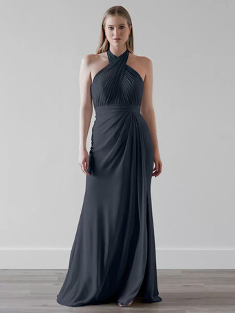 ダークネイビーブライズメイドドレス シフォン マーメイド フロアレングス ウェディング パーティードレス