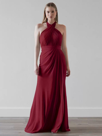 バーガンディーブライズメイドドレス シフォン マーメイド フロアレングス ウェディング パーティードレス