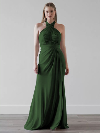 ダークグリーンブライズメイドドレス シフォン マーメイド フロアレングス ウェディング パーティードレス